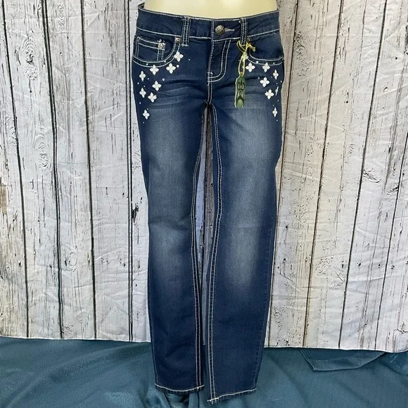 🎀HP🎀 Request Jeans Skinny Distressed Faded Jeans White Flowers & Stitching 9 - Picture 1 of 10